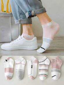 5 Pairs Random Pink Geometric Print Ankle Low-Cut Socks - Multicolor - View 3