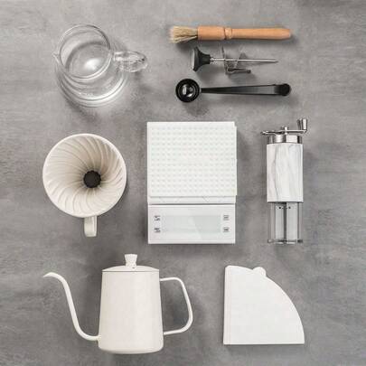 shoxil 咖啡套装、02号手冲咖啡壶套装、滴滤咖啡礼品套装、旅行咖啡配件工具、咖啡壶和温度计、带陶瓷滴滤器的玻璃咖啡壶、手动咖啡研磨机、咖啡勺、咖啡秤、咖啡研磨机清洁刷、100张咖啡滤纸