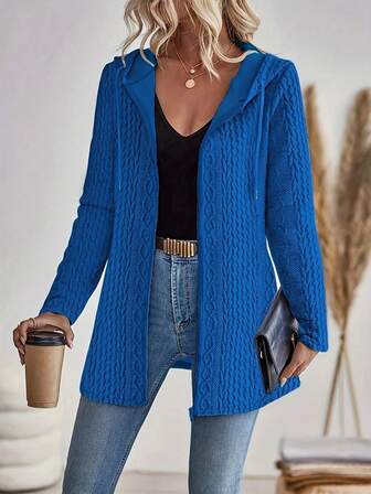 Plus Size Women Fashion Elegant Textured Rib Knit Zip-Up Hooded Coat, Autumn/Winter