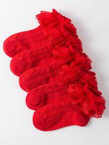 5/1 Pair Girls Spring/Summer Red Princess Style Fresh Floral Lace Mesh Embroidery Breathable Ankle Socks, Fashionable, Soft Comfortable, Casual Versatile, Suitable For Home, Outings, Dance Performance, Holidays, Back To School - Red - View 7