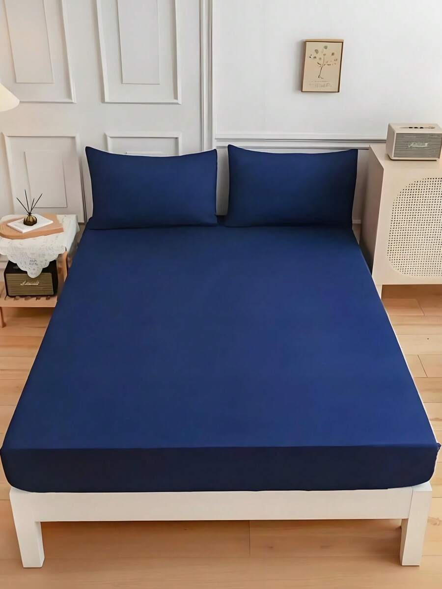一套藏藍色床單（不含枕頭套），水洗工藝，可機洗，耐用，床罩，床墊保護套，防滑床單，簡約，親膚舒適，柔軟透氣，防過敏，抗皺，現代床上用品設計，適合家居、宿舍、酒店，防塵床套，全包保護罩，床單保護套，單件防塵床單套，90*200CM-120*200CM-140*200CM-160*200CM-180*200CM-220*200CM - 藏蓝色 - 查看 1