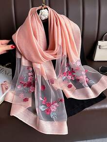 1pc Floral Embroidered Pearl Silk Scarf, New Fashionable & Elegant Woven Shawl For Women, Sunscreen Headscarf, Beach Cover Up' For Dress - Multicolor - View 13