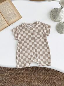 Pelele de manga corta minimalista informal a cuadros para bebés niños/niñas, verano