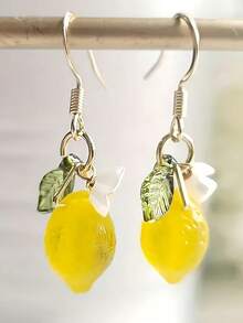 1 Pair Glass Lemon Flower Earrings, Colorful Creative Earring Hooks, Refreshing And Sweet For Girls - Yellow - View 1