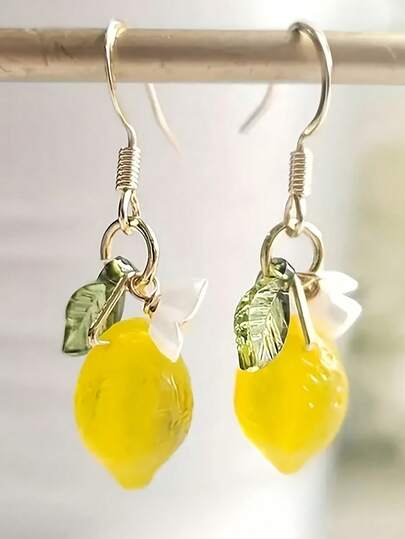 1 Pair Glass Lemon Flower Earrings, Colorful Creative Earring Hooks, Refreshing And Sweet For Girls