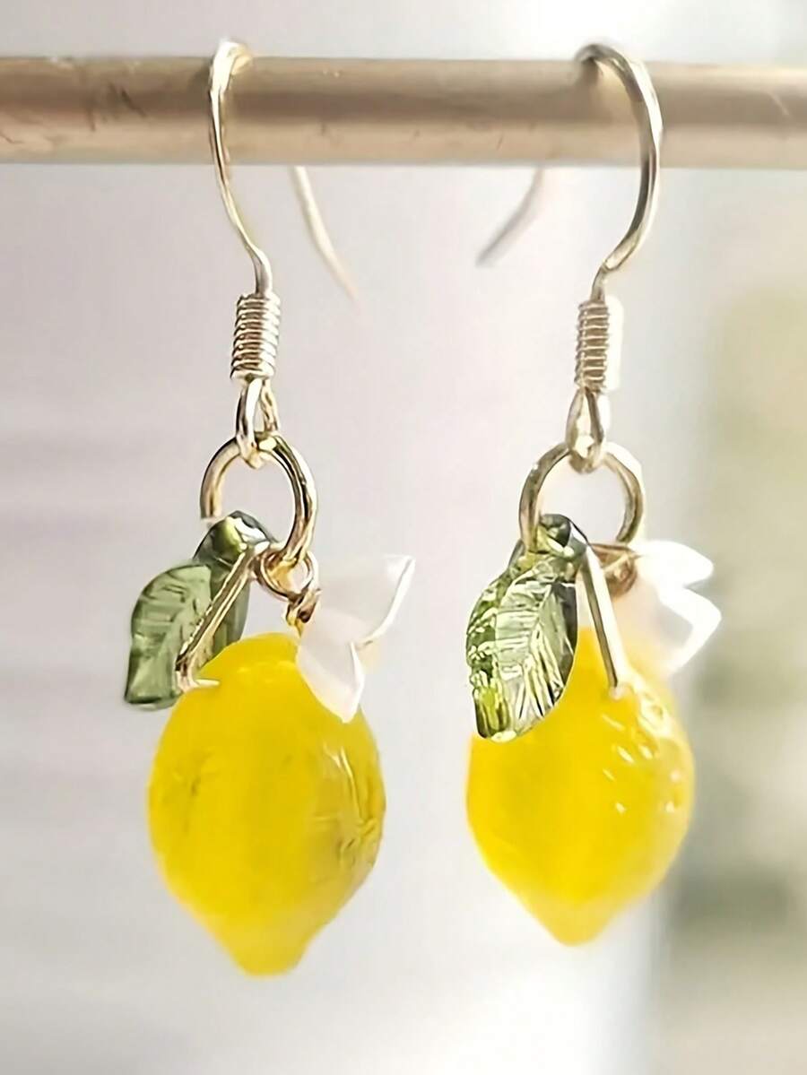 1 Pair Glass Lemon Flower Earrings, Colorful Creative Earring Hooks, Refreshing And Sweet For Girls - Yellow - View 1