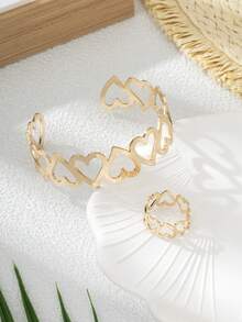 1 套心形手链和戒指，时尚设计珠宝礼物，复古浪漫风格，适合女性，适合旅行和度假 - 金黃色 - 查看 5