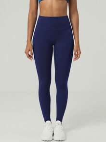 女士夏季高腰无前缝后深V臀线跑步户外运动普拉提瑜伽紧身裤 - 藏蓝色 - 查看 4