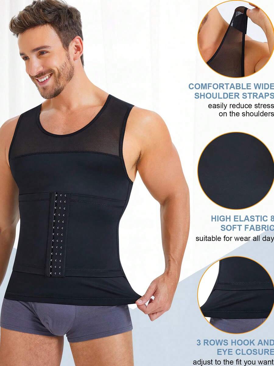 Chaleco adelgazante moldeador de cuerpo para hombre, camiseta sin mangas ajustada, camiseta de compresión, ropa interior de control de abdomen, faja para senos. - Negro - Ver 1