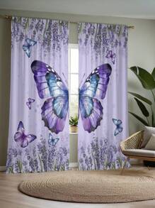 2pcs Purple Butterfly Pattern Printed Curtains With Rod Pocket, UV Blocking, Machine Washable Polyester, Suitable For Living Room, Kitchen, Cafe, Balcony And Garden Decor