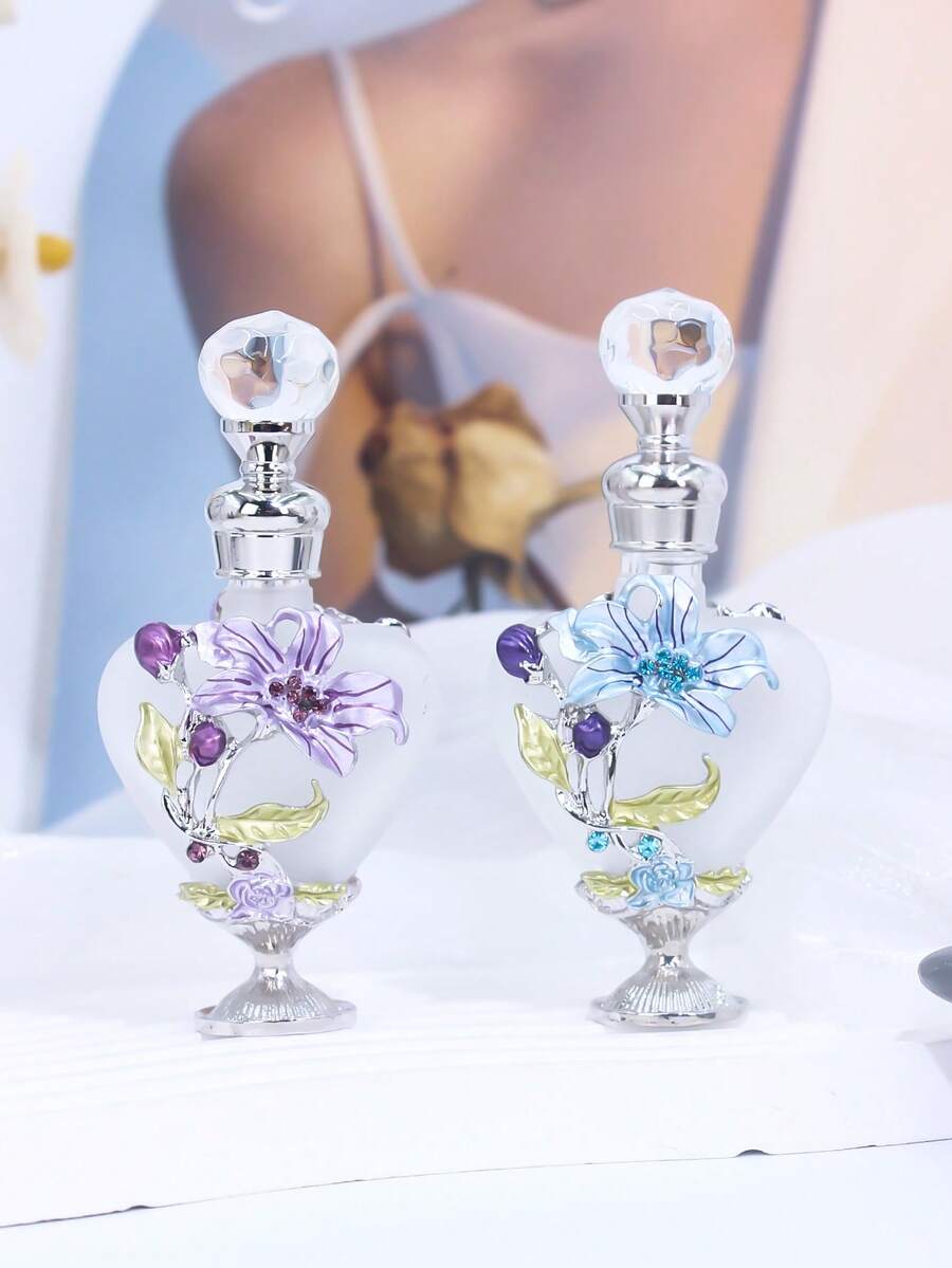 Enamel Peach Heart Bottle 10ml Beautiful Vintage Orchid Pattern Decorative Perfume Bottle, Refillable Perfume Container Bottle, Holiday Travel Perfume And Essential Oil Dropper Bottle, Perfect Gift For A Lady (No Perfume, Empty Bottle Only) - Multicolor - View 1