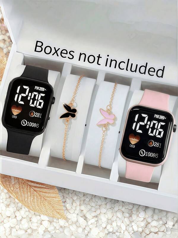 Set de 4 piezas: 2 relojes con diseños de corazón y cuadrado, y 2 pulseras de mariposa, regalos para San Valentín, Navidad, graduación, parejas, relojes y pulseras para parejas