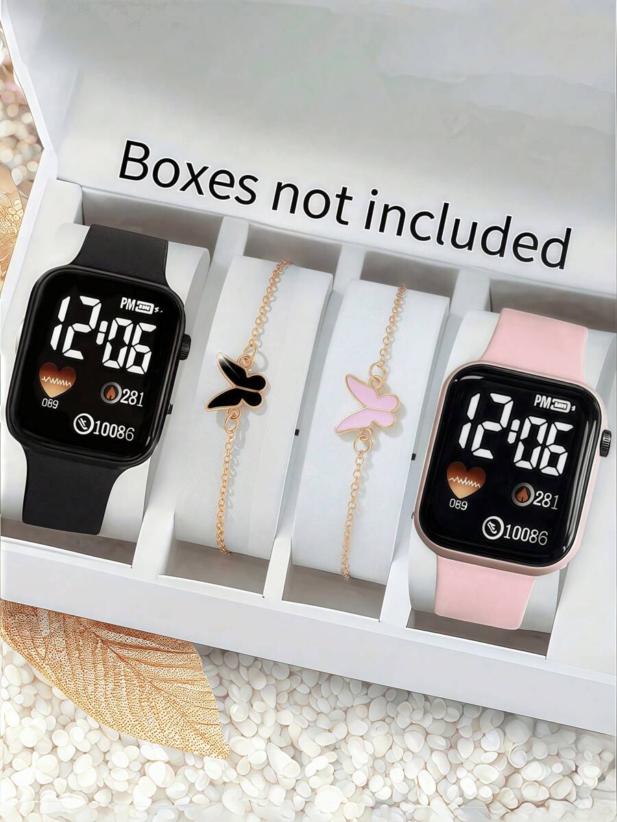 4pcs/Set 2pcs Cartoon Heart Square Digital Watch And 2pcs Butterfly Bracelet Valentine's Day Gift Christmas Gift Graduation Gift Couple Gift Couple Watch Bracelet The Best Choice For Halloween, Christmas, Valentine's Day, Mother's Day, Holiday Gift