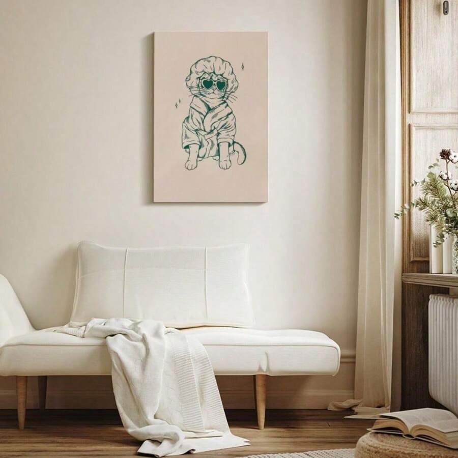 1pc Cat, Heart-Shaped Sunglasses, Cartoon Illustration Style Wall Art Canvas Paintings, Paintings In Living Rooms, Bedrooms, Dining Rooms Optional Frames Modern Posters, Wall Arts, Canvas Paintings, And Reusable Frames