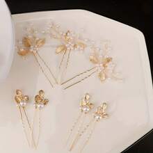 7pcs Gold Leaf Handmade Woven Faux Pearl Crystal Bridal Headpiece Hair Accessories Flower Hair Pin For Wedding Gown Valentine's Day Accessories - Gold - View 4