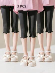 3 قطع/مجموعة سراويل داخلية بتنجيد كشكش للبنات باللون الأسود، سراويل داخلية مقاس 3/4 من الموديال الرقيقة للصيف، بنطلونات أطفال فائقة الرقة مضادة للبعوض