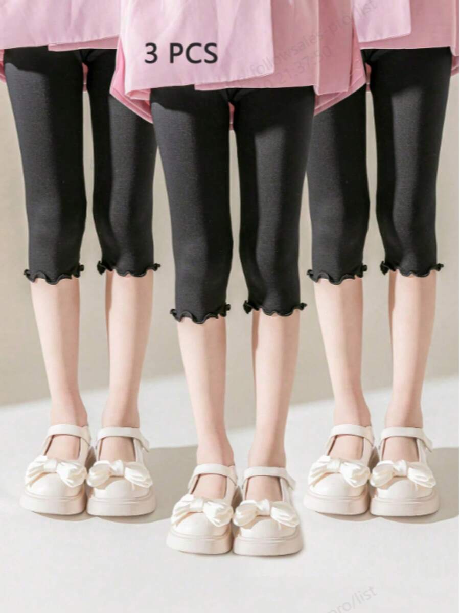 3 قطع/مجموعة سراويل داخلية بتنجيد كشكش للبنات باللون الأسود، سراويل داخلية مقاس 3/4 من الموديال الرقيقة للصيف، بنطلونات أطفال فائقة الرقة مضادة للبعوض