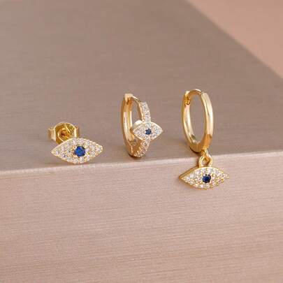 3PCS Vintage 18K Gold Plated Evil Eye Earrings For Women Set Charm Small Zirconia Hoop Earrings Luxury Aesthetic Jewelry Wedding Gift