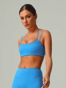 Women's Halter Neck Multi-Shoulder Adjustable Straps Double Layer Beauty Back Yoga Fitness Sports Bra - Blue - View 5