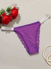 4pcs Women Sexy Low Waist Lace Briefs Panties, Solid Color Silver Stripe Thong