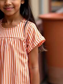 Spring/Summer Casual Striped Print Woven Dress For Tween Girls Versatile Daily Outdoor Breathable Comfortable Childrenswear, Minimalist Stylish Cute Outfit, Suitable As Holiday Gift