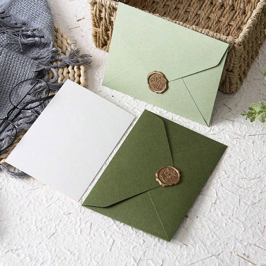 15pcs Classic Green Envelopes, Thick Touch Paper, Western-Style Envelopes, Solid Color Envelopes, Suitable For Parties, Wedding Invitations, Greeting Cards, Decorative Envelopes, Festival Greeting Cards, Love Letters, Retro Literature Envelopes, Set (5pcs Envelopes +5pcs Cards +5pcs Lacquer Stickers)