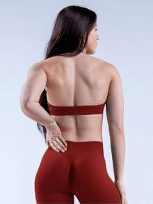 Women Halter Sports Bra Seamless U-Neck Removable Padded Open Back Yoga Gym Workout Crop Tank Top - Burgundy - View 3