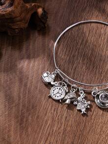 1pc Alice In Wonderland Bracelet With Rabbit Clock, Teapot, Teacup And Mushroom Charms, Suitable For Daily Wear - Antique Silver - View 2