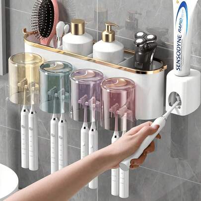 一套牙刷架，配有2/3/4个杯子和1个牙膏分配器，创意壁挂式浴室收纳架，方便刷牙和收纳。杯子颜色（灰色、蓝色、紫色、粉色、黄色）随机发货，可能与图片略有差异，此属正常现象。家居浴室装饰，秋季装饰，开学季装饰