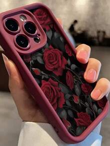 1pc Red Rose Pattern Silicone Matte Shockproof Full Cover Phone Case Compatible With IPhone 16/16E/15/14/13/12/11/Pro Max/X/Xs/Xr/Xs Max/7/8/7 Plus/8 Plus