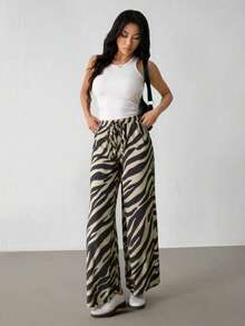 1pc Zebra Print Animal Textured Drawstring Pocket Tie Front Casual Pants, Summer - Apricot - View 2