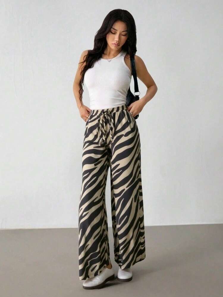 1pc Zebra Print Animal Textured Drawstring Pocket Tie Front Casual Pants, Summer - Apricot - View 2