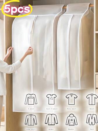 5 piezas Bolsas de ropa de plástico transparente, funda con cremallera, funda para colgar, bolsas de almacenamiento de ropa colgante - Ligeras, semi-transparentes, a prueba de polvo, impermeables, bolsas de almacenamiento de armario para trajes, abrigos y camisas, organizadores de armario de plástico lavables para dormitorio, oficina, hogar y dormitorio, ahorro de espacio, colgante, regalo perfecto para amigos