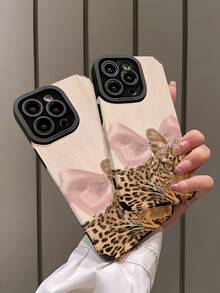 1pc Red Lips Print Leopard Striped Faux Leather Protective Soft Phone Case Compatible With Iphone 16/16 Plus/16 Pro/16 Pro Max And Waterproof Shockproof Anti-Fall Scratch Resistant - Multicolor - View 4