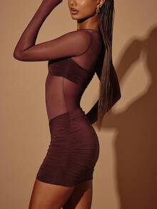 Sexy Round Neck Long Sleeve Mesh Pleated Bodycon Dress