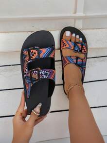 24 件装新款女士平底凉鞋，单扣拼色欧美休闲户外沙滩拖鞋 - 紫色 - 查看 5