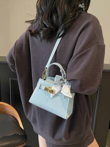高级奢华鳄鱼纹压花女士手提包，时尚精致的金属装饰，可调节肩带斜挎包，简约风格肩带装饰单肩手提包，磁扣闭合，多功能轻便收纳斜挎包，高级丝巾装饰设计手提包，适合送礼、购物、约会、商务旅行、度假等多种场合。 - 藍色 - 查看 4