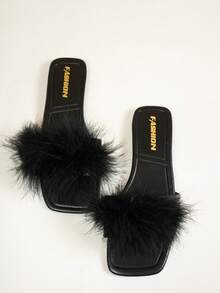 Women's Square Toe Flat Sandals, Fashion Party Strap Flip Flops Black Slippers, Sexy With Dress, Spring/Summer - Black - View 2