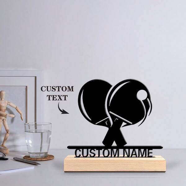 1pc Romantic Personalized Custom Text Ping-Pong Bats Metal Art With Wooden Base Tabletop DecorationParisian Desk Art With Wooden Base, Perfect For Travel Lovers, Office, Cafe Decor Christmas Decorations Graduation Party Gift