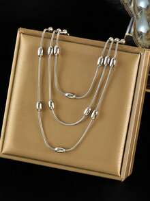 1 件奢华不锈钢多层长项链，优雅风格百搭简约珠宝，适合作为礼物 - 銀色 - 查看 11