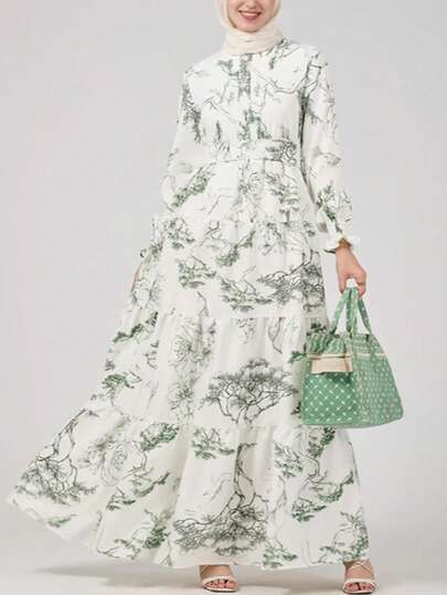 Vestido largo de estilo árabe minimalista y elegante con estampado de plantas verdes