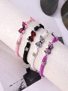 1pc Butterfly Bracelet Women's Butterfly Pendant Woven Bracelet Is Adjustable - Black - View 6