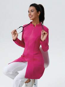 Solid Color Long Sleeve Casual Zipper Front Pocket Laboratory Jacket Lab Coat - Rose Red - View 8