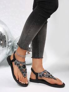 Women's Rhinestone Decor Open Toe Flat Sandals, Bohemian Style Beach Slip-On Shoes For Summer