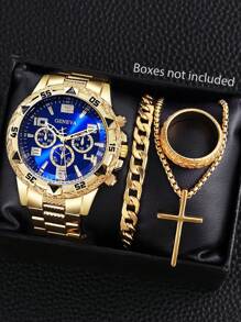 4 Pieces Business Men Pointer Quartz Watch Sports Boy Fashion Matching Bracelet, Cross Necklace And Ring, Gifts For Father