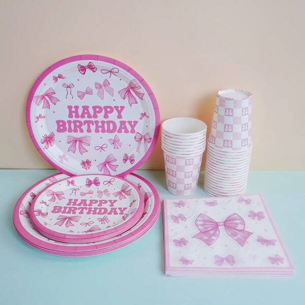 68/25/10 Pieces Set, Disposable Tableware, Pink Bow Themed Disposable Paper Tray, 7-Inch Paper Tray, 9-Inch Paper Tray, 9oz Paper Cup, Tissue, Cake Tray, Party Tray, Birthday Tray, Material, Suitable For Various Festivals Such As Birthday Parties, Promotions, Gatherings, Picnics, Camping, Barbecues, Beach Parties, Outdoor Weddings, Wedding Parties, Etc.