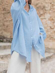 Chemise longue ample de couleur unie à manches longues pour femmes, peut être portée comme robe, cardigan ou blouse pour la Saint-Valentin