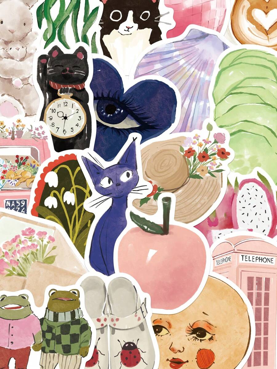 50pcs Watercolor Style Cat Sticker Set, Decorative For Phone Case, Skateboard, Tablet, Guitar, Party Gifts