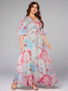 Vestito midi da donna taglie forti con scollo incrociato, stampa floreale casuale e grande, maniche a lanterna lunghe eleganti