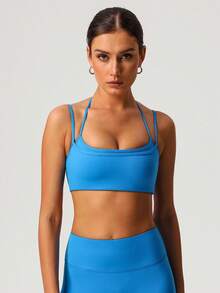 Sodalemon Women Double Layer Adjustable Strap Beautyback Sport Bra - Royal Blue - View 8